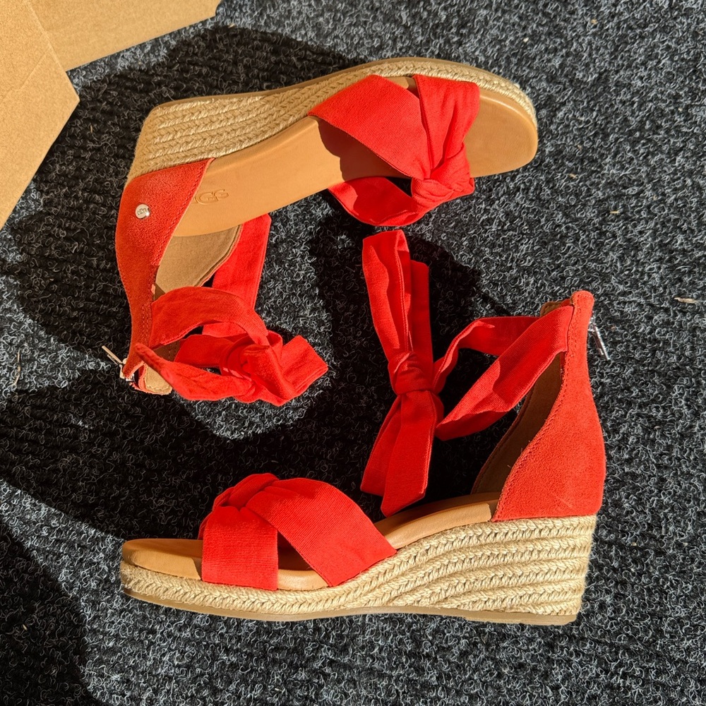 UGG Yarrow Espadrille Wedge Sandal Coral Suede Ankle Tie - Picture 5 of 14